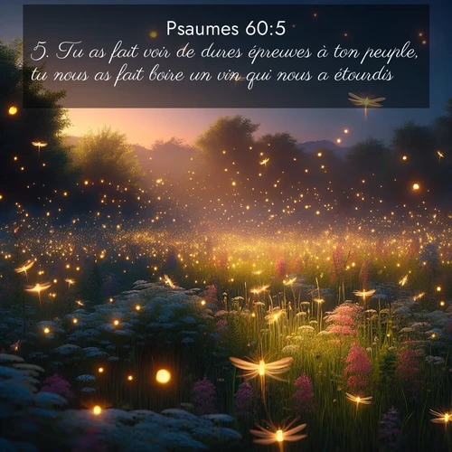 Segond21 Psaumes  ; image nature: image avec le verset biblique :Tu as fait voir de dures épreuves à ton peuple, tu nous as fait boire un vin qui nous a étourdis. ;  ; 60:5