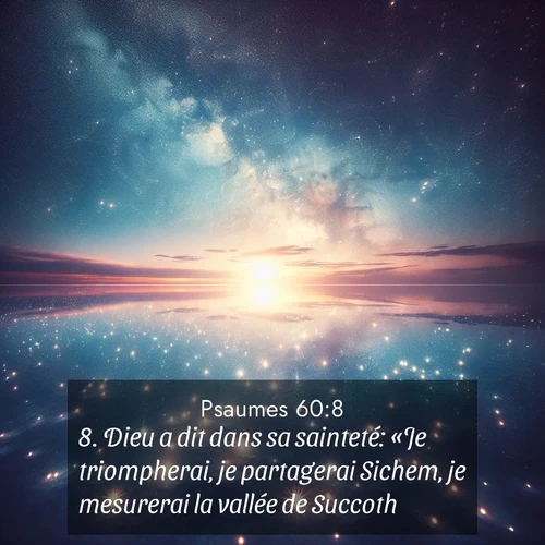 Segond21 Psaumes  ; image nature: image avec le verset biblique :Dieu a dit dans sa sainteté: «Je triompherai, je partagerai Sichem, je mesurerai la vallée de Succoth. ;  ; 60:8