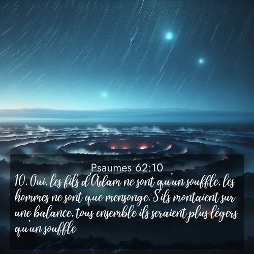 Segond21 Psaumes  ; image nature: image avec le verset biblique :Oui, les fils d&#039;Adam ne sont qu&#039;un souffle, les hommes ne sont que mensonge. S&#039;ils montaient sur une balance, tous ensemble ils seraient plus légers qu&#039;un souffle. ;  ; 62:10