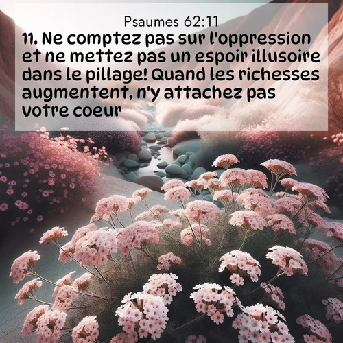 Segond21 Psaumes  ; image nature: image avec le verset biblique :Ne comptez pas sur l&#039;oppression et ne mettez pas un espoir illusoire dans le pillage! Quand les richesses augmentent, n&#039;y attachez pas votre coeur! ;  ; 62:11