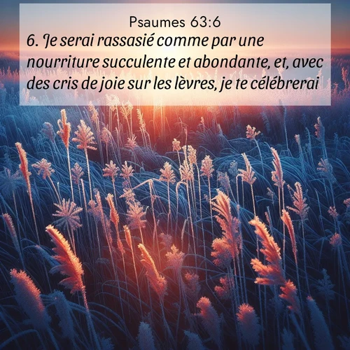 Segond21 Psaumes  ; image nature: image avec le verset biblique :Je serai rassasié comme par une nourriture succulente et abondante, et, avec des cris de joie sur les lèvres, je te célébrerai, ;  ; 63:6