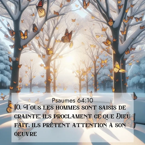 Segond21 Psaumes  ; image nature: image avec le verset biblique :Tous les hommes sont saisis de crainte; ils proclament ce que Dieu fait, ils prêtent attention à son oeuvre. ;  ; 64:10