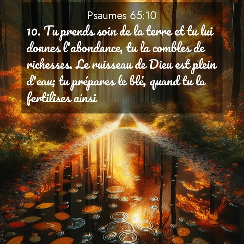 Segond21 Psaumes  ; image nature: image avec le verset biblique :Tu prends soin de la terre et tu lui donnes l&#039;abondance, tu la combles de richesses. Le ruisseau de Dieu est plein d&#039;eau; tu prépares le blé, quand tu la fertilises ainsi. ;  ; 65:10