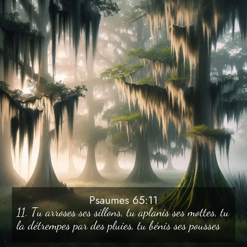 Segond21 Psaumes  ; image nature: image avec le verset biblique :Tu arroses ses sillons, tu aplanis ses mottes, tu la détrempes par des pluies, tu bénis ses pousses. ;  ; 65:11