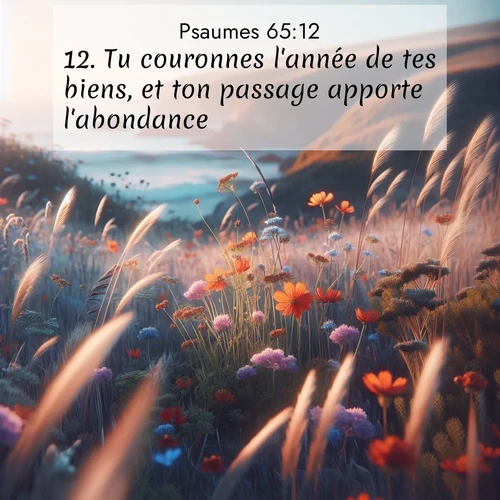 Segond21 Psaumes  ; image nature: image avec le verset biblique :Tu couronnes l&#039;année de tes biens, et ton passage apporte l&#039;abondance; ;  ; 65:12