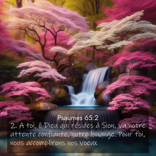 Segond21 Psaumes  ; image nature: image avec le verset biblique :A toi, ô Dieu qui résides à Sion, va notre attente confiante, notre louange. Pour toi, nous accomplirons nos voeux. ;  ; 65:2