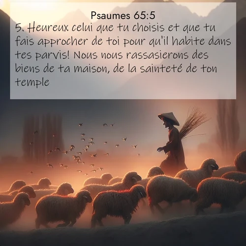 Segond21 Psaumes  ; image nature: image avec le verset biblique :Heureux celui que tu choisis et que tu fais approcher de toi pour qu&#039;il habite dans tes parvis! Nous nous rassasierons des biens de ta maison, de la sainteté de ton temple. ;  ; 65:5