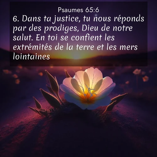 Segond21 Psaumes  ; image nature: image avec le verset biblique :Dans ta justice, tu nous réponds par des prodiges, Dieu de notre salut. En toi se confient les extrémités de la terre et les mers lointaines. ;  ; 65:6