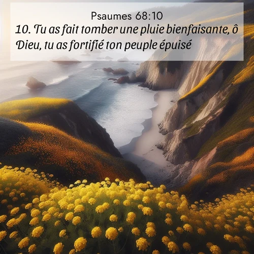 Segond21 Psaumes  ; image nature: image avec le verset biblique :Tu as fait tomber une pluie bienfaisante, ô Dieu, tu as fortifié ton peuple épuisé. ;  ; 68:10