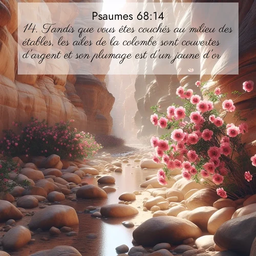 Segond21 Psaumes  ; image nature: image avec le verset biblique :Tandis que vous êtes couchés au milieu des étables, les ailes de la colombe sont couvertes d&#039;argent et son plumage est d&#039;un jaune d&#039;or. ;  ; 68:14