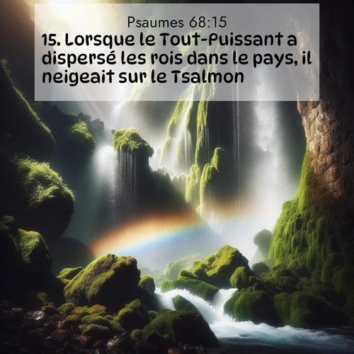 Segond21 Psaumes  ; image nature: image avec le verset biblique :Lorsque le Tout-Puissant a dispersé les rois dans le pays, il neigeait sur le Tsalmon. ;  ; 68:15