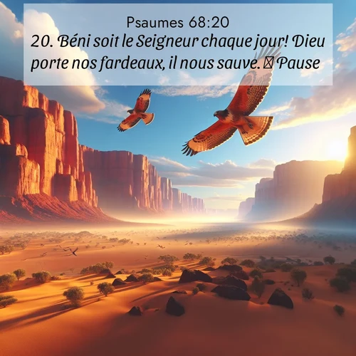 Segond21 Psaumes  ; image nature: image avec le verset biblique :Béni soit le Seigneur chaque jour! Dieu porte nos fardeaux, il nous sauve.         Pause. ;  ; 68:20