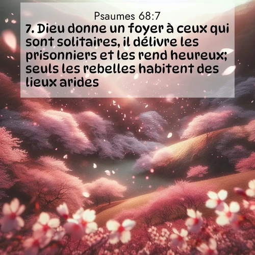 Segond21 Psaumes  ; image nature: image avec le verset biblique :Dieu donne un foyer à ceux qui sont solitaires, il délivre les prisonniers et les rend heureux; seuls les rebelles habitent des lieux arides. ;  ; 68:7
