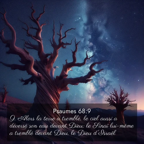 Segond21 Psaumes  ; image nature: image avec le verset biblique :Alors la terre a tremblé, le ciel aussi a déversé son eau devant Dieu; le Sinaï lui-même a tremblé devant Dieu, le Dieu d&#039;Israël. ;  ; 68:9