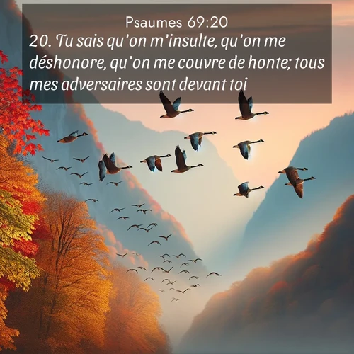 Segond21 Psaumes  ; image nature: image avec le verset biblique :Tu sais qu&#039;on m&#039;insulte, qu&#039;on me déshonore, qu&#039;on me couvre de honte; tous mes adversaires sont devant toi. ;  ; 69:20