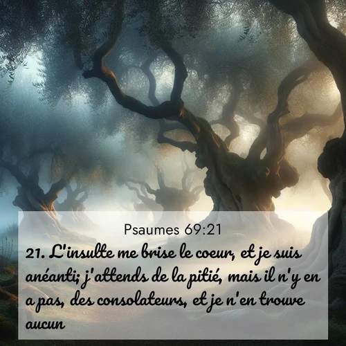 Segond21 Psaumes  ; image nature: image avec le verset biblique :L&#039;insulte me brise le coeur, et je suis anéanti; j&#039;attends de la pitié, mais il n&#039;y en a pas, des consolateurs, et je n&#039;en trouve aucun. ;  ; 69:21