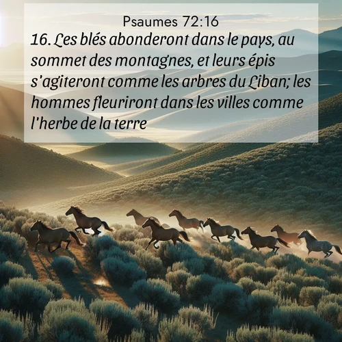 Segond21 Psaumes  ; image nature: image avec le verset biblique :Les blés abonderont dans le pays, au sommet des montagnes, et leurs épis s&#039;agiteront comme les arbres du Liban; les hommes fleuriront dans les villes comme l&#039;herbe de la terre. ;  ; 72:16