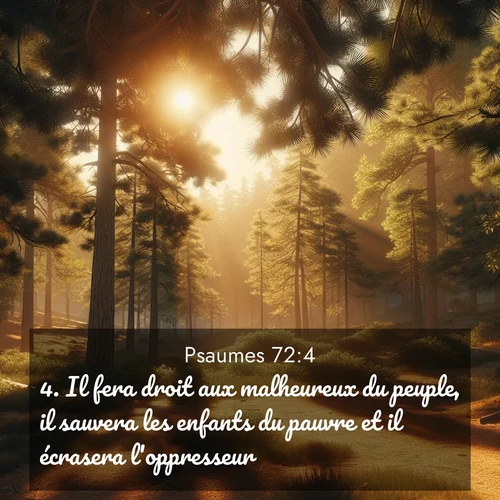 Segond21 Psaumes  ; image nature: image avec le verset biblique :Il fera droit aux malheureux du peuple, il sauvera les enfants du pauvre et il écrasera l&#039;oppresseur. ;  ; 72:4