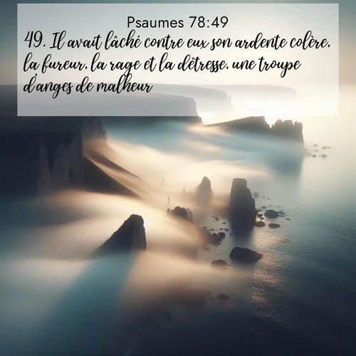 Segond21 Psaumes  ; image nature: image avec le verset biblique :Il avait lâché contre eux son ardente colère, la fureur, la rage et la détresse, une troupe d&#039;anges de malheur. ;  ; 78:49