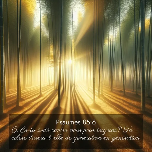 Segond21 Psaumes  ; image nature: image avec le verset biblique :Es-tu irrité contre nous pour toujours? Ta colère durera-t-elle de génération en génération? ;  ; 85:6