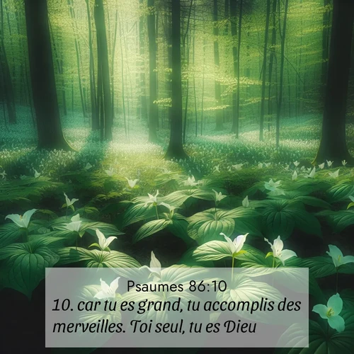 Segond21 Psaumes  ; image nature: image avec le verset biblique :car tu es grand, tu accomplis des merveilles. Toi seul, tu es Dieu. ;  ; 86:10