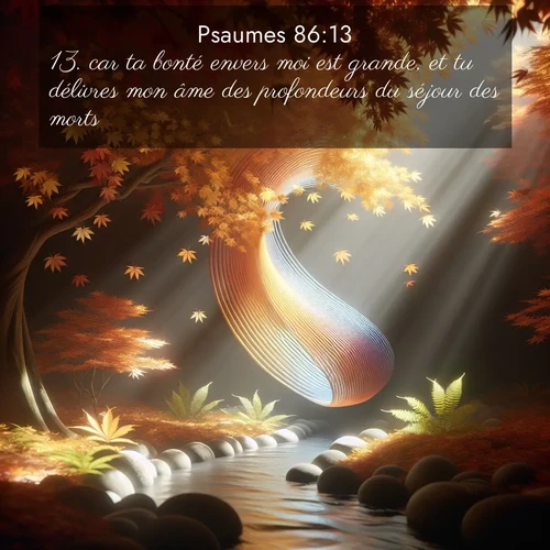 Segond21 Psaumes  ; image nature: image avec le verset biblique :car ta bonté envers moi est grande, et tu délivres mon âme des profondeurs du séjour des morts. ;  ; 86:13