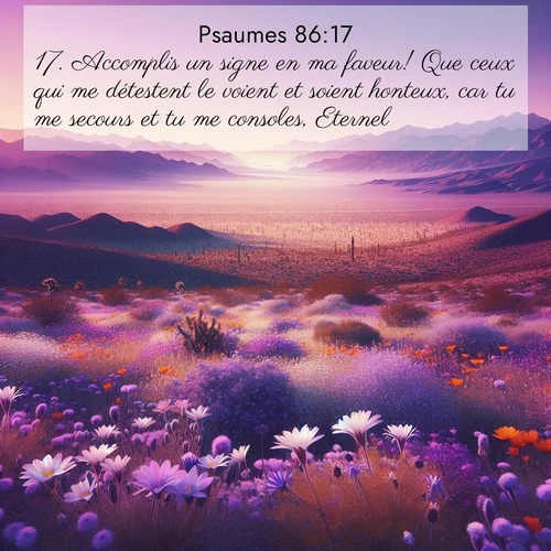 Segond21 Psaumes  ; image nature: image avec le verset biblique :Accomplis un signe en ma faveur! Que ceux qui me détestent le voient et soient honteux, car tu me secours et tu me consoles, Eternel! ;  ; 86:17