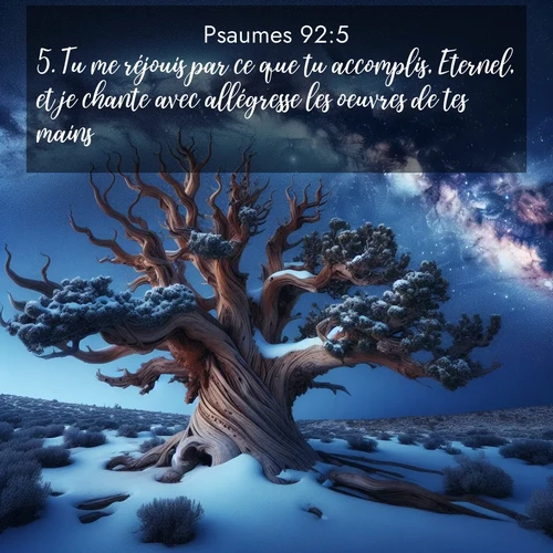 Segond21 Psaumes  ; image nature: image avec le verset biblique :Tu me réjouis par ce que tu accomplis, Eternel, et je chante avec allégresse les oeuvres de tes mains. ;  ; 92:5