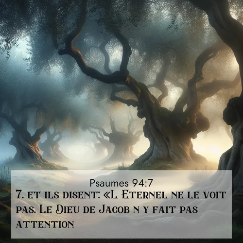 Segond21 Psaumes  ; image nature: image avec le verset biblique :et ils disent: «L&#039;Eternel ne le voit pas. Le Dieu de Jacob n&#039;y fait pas attention.» ;  ; 94:7