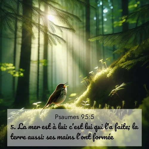 Segond21 Psaumes  ; image nature: image avec le verset biblique :La mer est à lui: c&#039;est lui qui l&#039;a faite; la terre aussi: ses mains l&#039;ont formée. ;  ; 95:5