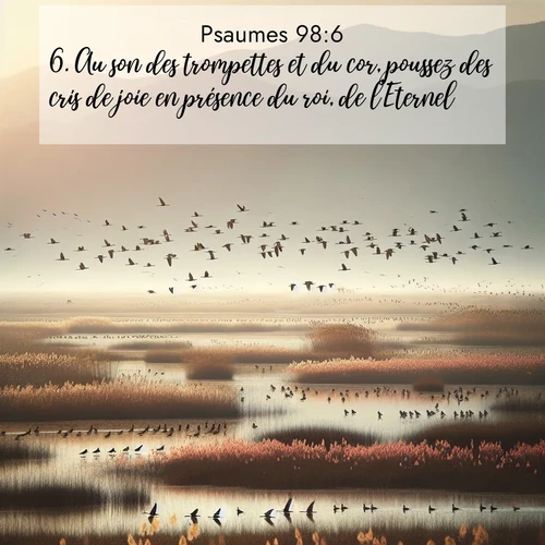 Segond21 Psaumes  ; image nature: image avec le verset biblique :Au son des trompettes et du cor, poussez des cris de joie en présence du roi, de l&#039;Eternel! ;  ; 98:6