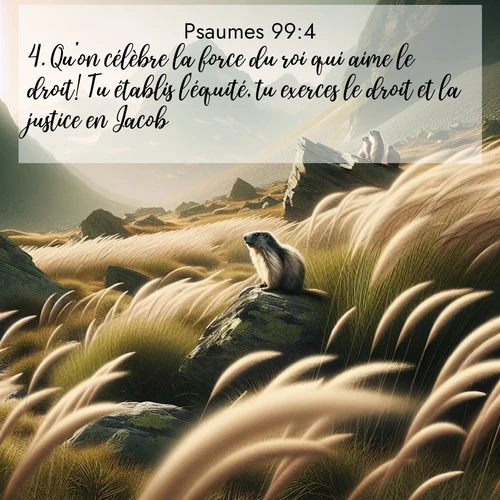 Segond21 Psaumes  ; image nature: image avec le verset biblique :Qu&#039;on célèbre la force du roi qui aime le droit! Tu établis l&#039;équité, tu exerces le droit et la justice en Jacob. ;  ; 99:4