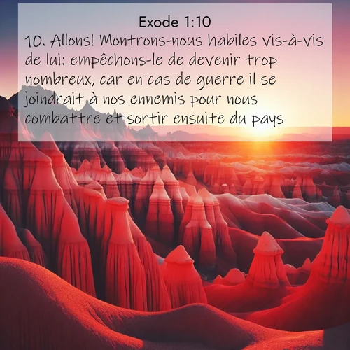 Segond21 Exode  ; image nature: image avec le verset biblique :Allons! Montrons-nous habiles vis-à-vis de lui: empêchons-le de devenir trop nombreux, car en cas de guerre il se joindrait à nos ennemis pour nous combattre et sortir ensuite du pays.» ;  ; 1:10