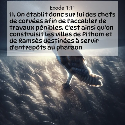 Segond21 Exode  ; image nature: image avec le verset biblique :On établit donc sur lui des chefs de corvées afin de l&#039;accabler de travaux pénibles. C&#039;est ainsi qu&#039;on construisit les villes de Pithom et de Ramsès destinées à servir d&#039;entrepôts au pharaon. ;  ; 1:11