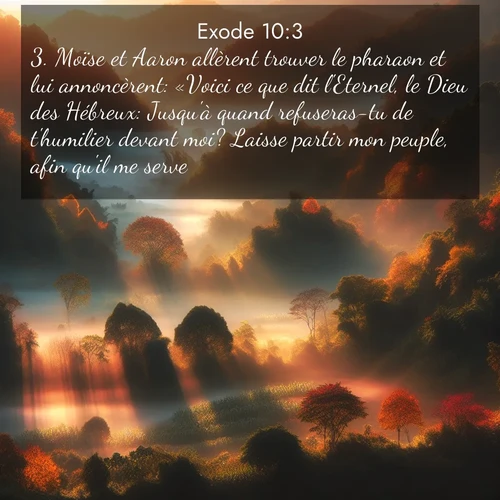 Segond21 Exode  ; image nature: image avec le verset biblique :Moïse et Aaron allèrent trouver le pharaon et lui annoncèrent: «Voici ce que dit l&#039;Eternel, le Dieu des Hébreux: Jusqu&#039;à quand refuseras-tu de t&#039;humilier devant moi? Laisse partir mon peuple, afin qu&#039;il me serve. ;  ; 10:3