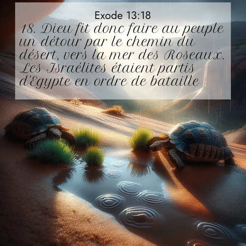 Segond21 Exode  ; image nature: image avec le verset biblique :Dieu fit donc faire au peuple un détour par le chemin du désert, vers la mer des Roseaux. Les Israélites étaient partis d&#039;Egypte en ordre de bataille ;  ; 13:18