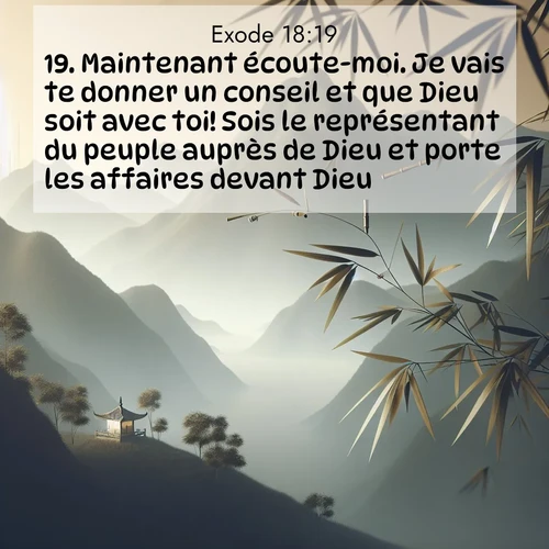 Segond21 Exode  ; image nature: image avec le verset biblique :Maintenant écoute-moi. Je vais te donner un conseil et que Dieu soit avec toi! Sois le représentant du peuple auprès de Dieu et porte les affaires devant Dieu. ;  ; 18:19