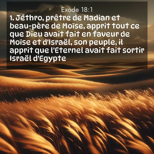 Segond21 Exode  ; image nature: image avec le verset biblique :Jéthro, prêtre de Madian et beau-père de Moïse, apprit tout ce que Dieu avait fait en faveur de Moïse et d&#039;Israël, son peuple, il apprit que l&#039;Eternel avait fait sortir Israël d&#039;Egypte. ;  ; 18:1