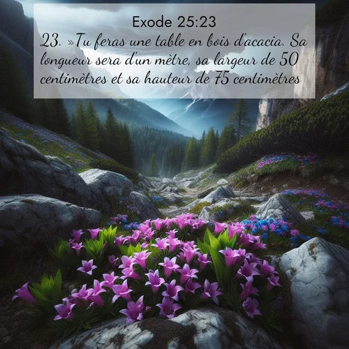 Segond21 Exode  ; image nature: image avec le verset biblique :»Tu feras une table en bois d&#039;acacia. Sa longueur sera d&#039;un mètre, sa largeur de 50 centimètres et sa hauteur de 75 centimètres. ;  ; 25:23