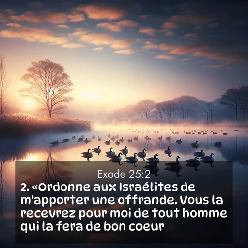 Segond21 Exode  ; image nature: image avec le verset biblique :«Ordonne aux Israélites de m&#039;apporter une offrande. Vous la recevrez pour moi de tout homme qui la fera de bon coeur. ;  ; 25:2