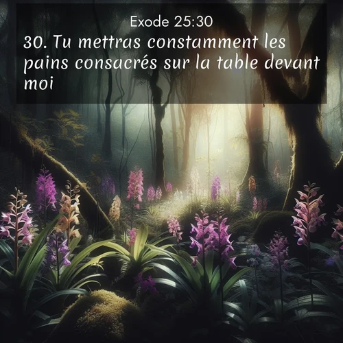 Segond21 Exode  ; image nature: image avec le verset biblique :Tu mettras constamment les pains consacrés sur la table devant moi. ;  ; 25:30