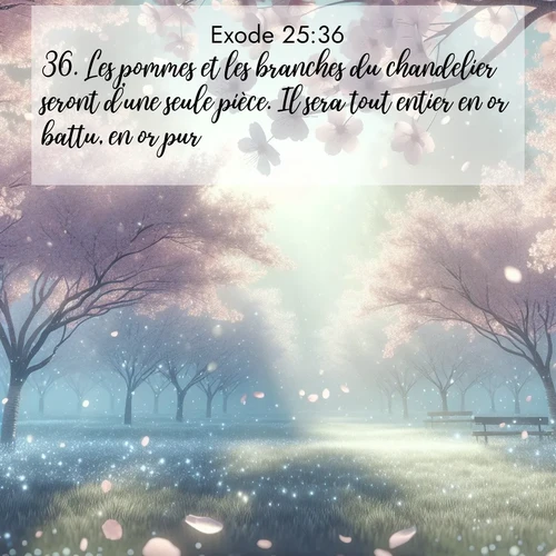 Segond21 Exode  ; image nature: image avec le verset biblique :Les pommes et les branches du chandelier seront d&#039;une seule pièce. Il sera tout entier en or battu, en or pur. ;  ; 25:36