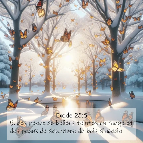 Segond21 Exode  ; image nature: image avec le verset biblique :des peaux de béliers teintes en rouge et des peaux de dauphins; du bois d&#039;acacia; ;  ; 25:5