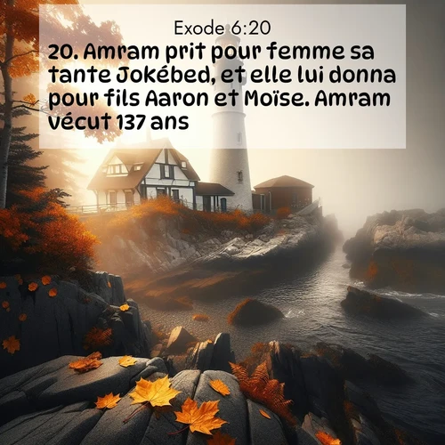 Segond21 Exode  ; image nature: image avec le verset biblique :Amram prit pour femme sa tante Jokébed, et elle lui donna pour fils Aaron et Moïse. Amram vécut 137 ans. ;  ; 6:20