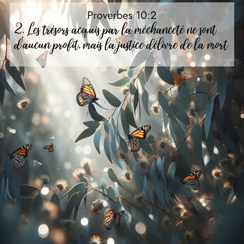 Segond21 Proverbes  ; image nature: image avec le verset biblique :Les trésors acquis par la méchanceté ne sont d&#039;aucun profit, mais la justice délivre de la mort. ;  ; 10:2