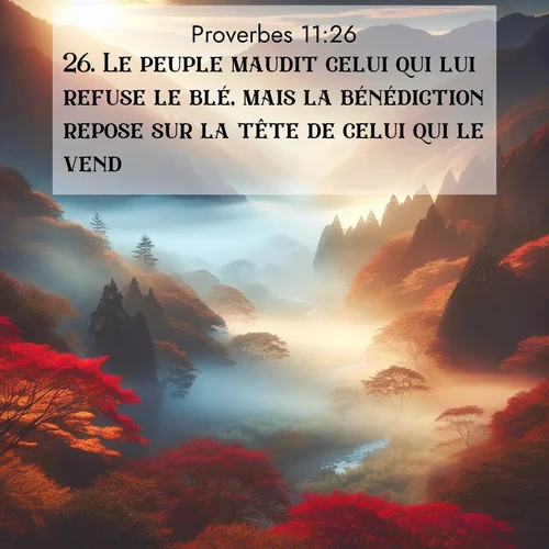 Segond21 Proverbes  ; image nature: image avec le verset biblique :Le peuple maudit celui qui lui refuse le blé, mais la bénédiction repose sur la tête de celui qui le vend. ;  ; 11:26