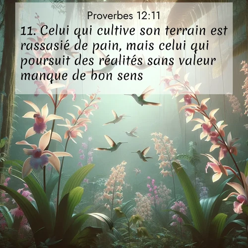 Segond21 Proverbes  ; image nature: image avec le verset biblique :Celui qui cultive son terrain est rassasié de pain, mais celui qui poursuit des réalités sans valeur manque de bon sens. ;  ; 12:11