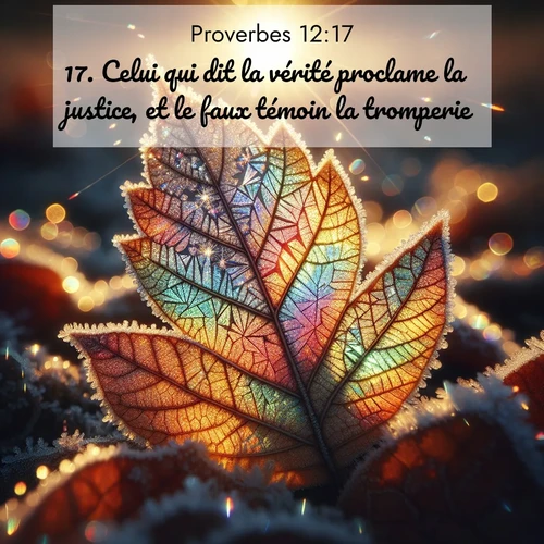 Segond21 Proverbes  ; image nature: image avec le verset biblique :Celui qui dit la vérité proclame la justice, et le faux témoin la tromperie. ;  ; 12:17