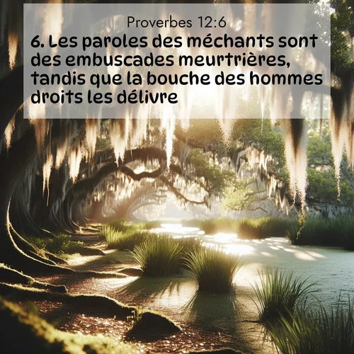 Segond21 Proverbes  ; image nature: image avec le verset biblique :Les paroles des méchants sont des embuscades meurtrières, tandis que la bouche des hommes droits les délivre. ;  ; 12:6
