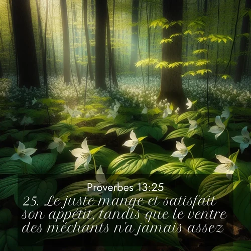 Segond21 Proverbes  ; image nature: image avec le verset biblique :Le juste mange et satisfait son appétit, tandis que le ventre des méchants n&#039;a jamais assez. ;  ; 13:25
